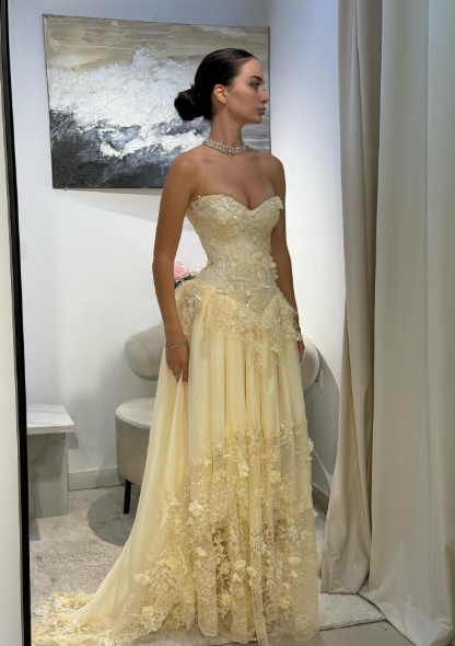 Pretty A Line Strapless Chiffon Lace Long Prom Dress, Evening Dress C6064