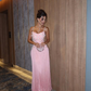 Romantic A Line Spaghetti Straps Pink Satin Sequin Tassel Long Prom Dress, Evening Dress C6065