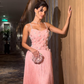 Romantic A Line Spaghetti Straps Pink Satin Sequin Tassel Long Prom Dress, Evening Dress C6065