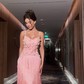 Romantic A Line Spaghetti Straps Pink Satin Sequin Tassel Long Prom Dress, Evening Dress C6065