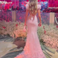 Pink Mermaid Sweetheart Tulle Sequin Flower With Short Bubble Sleeves Long Prom Dress, Evening Dress C6066