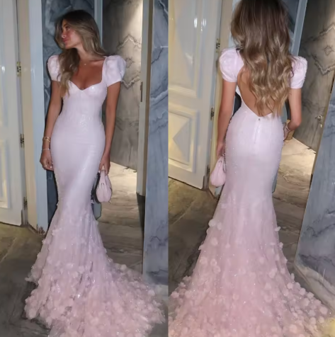 Pink Mermaid Sweetheart Tulle Sequin Flower With Short Bubble Sleeves Long Prom Dress, Evening Dress C6066