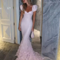 Pink Mermaid Sweetheart Tulle Sequin Flower With Short Bubble Sleeves Long Prom Dress, Evening Dress C6066