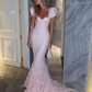 Pink Mermaid Sweetheart Tulle Sequin Flower With Short Bubble Sleeves Long Prom Dress, Evening Dress C6066