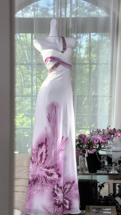 Chic A Line One Shoulder Chiffon Sequin Printed Butterfly Long Prom Dress, Evening Dress C6070