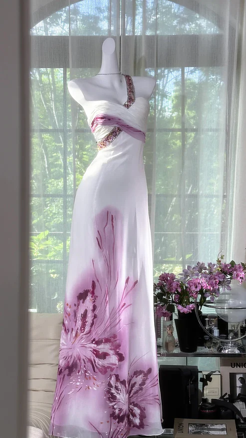 Chic A Line One Shoulder Chiffon Sequin Printed Butterfly Long Prom Dress, Evening Dress C6070