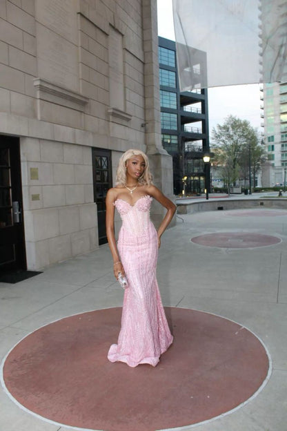 Charming Pink Mermaid Sweetheart Sequin Beaded Long Prom Dress, Evening Dress C6071