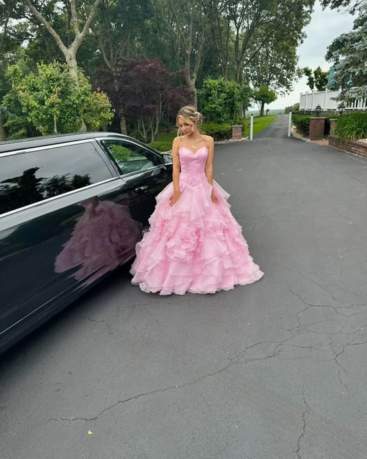Sweet Ball Gown Pink Strapless Chiffon Long Prom Dress, Evening Dress C6072