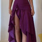 Chic A Line Strapless Satin Ruffle Hem Slit Long Prom Dress, Evening Dress C6073