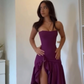 Chic A Line Strapless Satin Ruffle Hem Slit Long Prom Dress, Evening Dress C6073