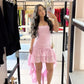 Classy Pink A Line Strapless Satin Ruffle High-Low Prom Dress, Evening Dress C6075