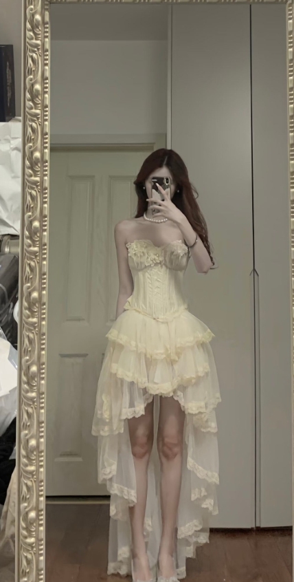Princess A Line Strapless Tulle Lace High-Low Prom Dress, Evening Dress C6076