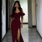 Formal Mermaid Off The Shoulder Burgundy Satin Slit Long Prom Dress, Evening Dress C6078