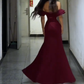 Formal Mermaid Off The Shoulder Burgundy Satin Slit Long Prom Dress, Evening Dress C6078
