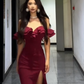 Formal Mermaid Off The Shoulder Burgundy Satin Slit Long Prom Dress, Evening Dress C6078