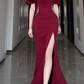 Formal Mermaid Off The Shoulder Burgundy Satin Slit Long Prom Dress, Evening Dress C6078