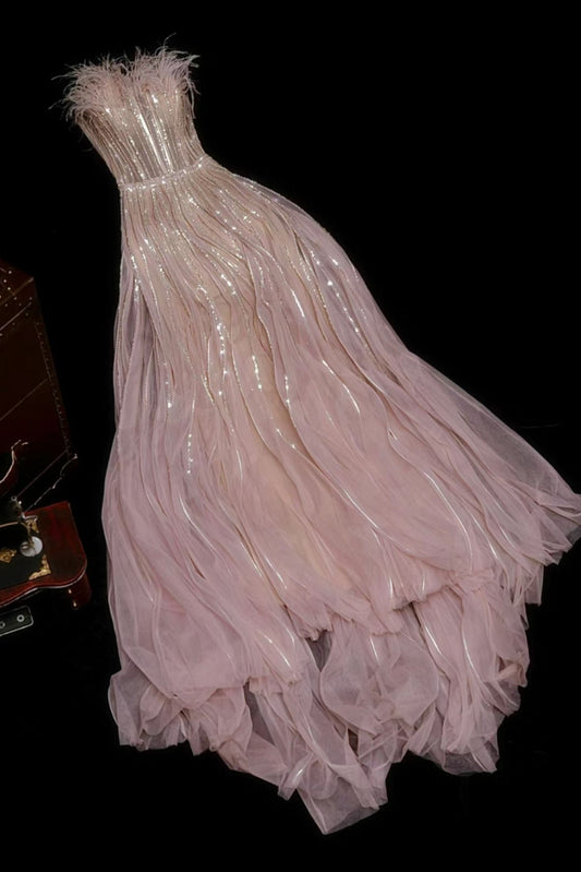 Sweet Sparkly A Line Strapless Tulle Sequin Long Prom Dress, Evening Dress C6080