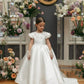 Princess A Line Satin Applique With Short Sleeves Flower Girl Dress C6082