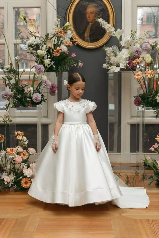 Princess A Line Satin Applique With Short Sleeves Flower Girl Dress C6082