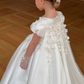 Princess A Line Satin Applique With Short Sleeves Flower Girl Dress C6082