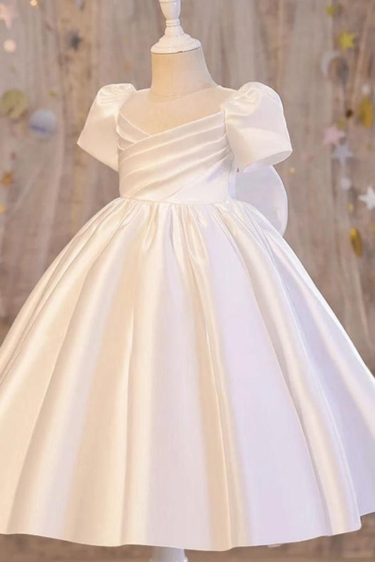 Simple A Line Pleated Satin With Short Sleeves Flower Girl Dress C6083