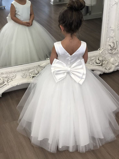 Sweet A Line Satin Tulle Back With Bow Knot Flower Girl Dress C6084