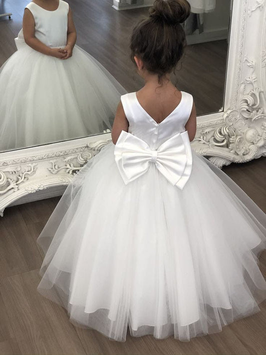 Sweet A Line Satin Tulle Back With Bow Knot Flower Girl Dress C6084