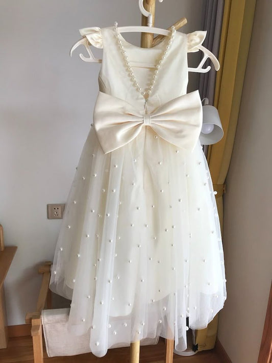 Sweet A Line Satin Tulle Pearl Bead Back With Bow Knot Flower Girl Dress C6086