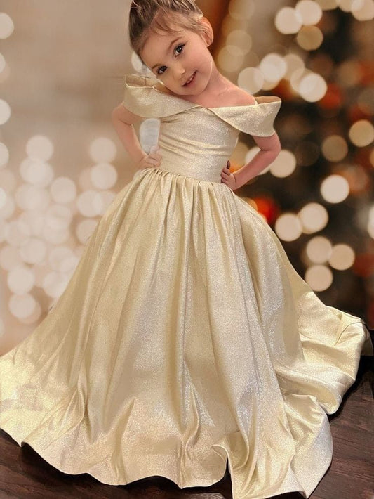 Shiny Ball Gown Off The SHoulder Satin Flower Girl Dress C6088