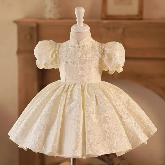 Pretty Ball Gown High Neck Satin With Short Bubble Sleeves Flower Girl Dress C6090