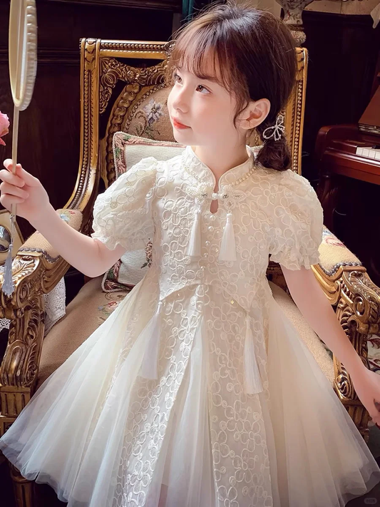 Sweet A Line High Neck Tulle Lace With Short Sleeves Flower Girl Dress C6091
