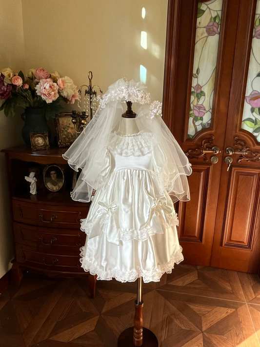 Vintage Princess A Line Tiered Satin Lace With Short Sleeves Flower Girl Dress C6093