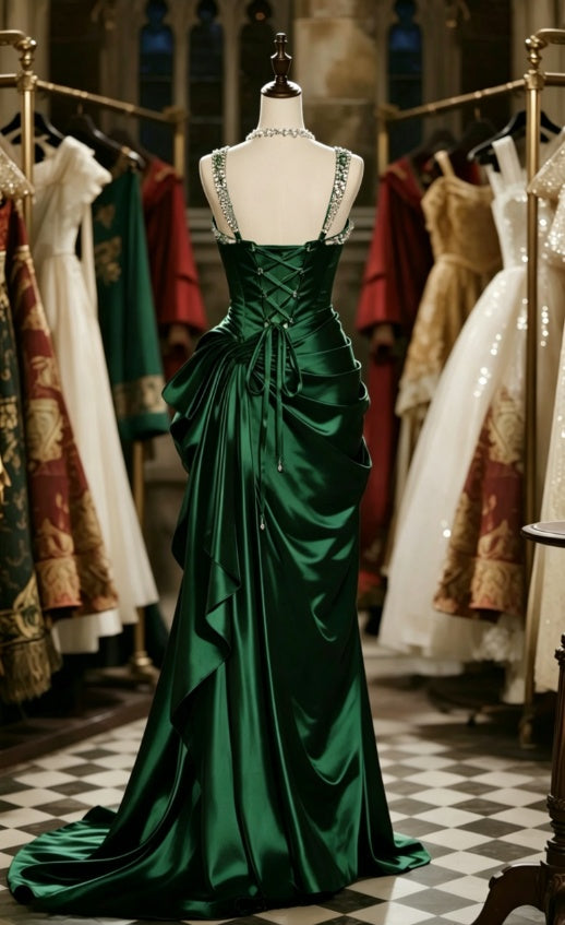 Formal Mermaid Beaded Straps Satin Pleated Long Prom Dress, Evening Dress C6101