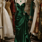 Formal Dark Green Mermaid Beaded Straps Satin Pleated Long Prom Dress, Evening Dress C6101