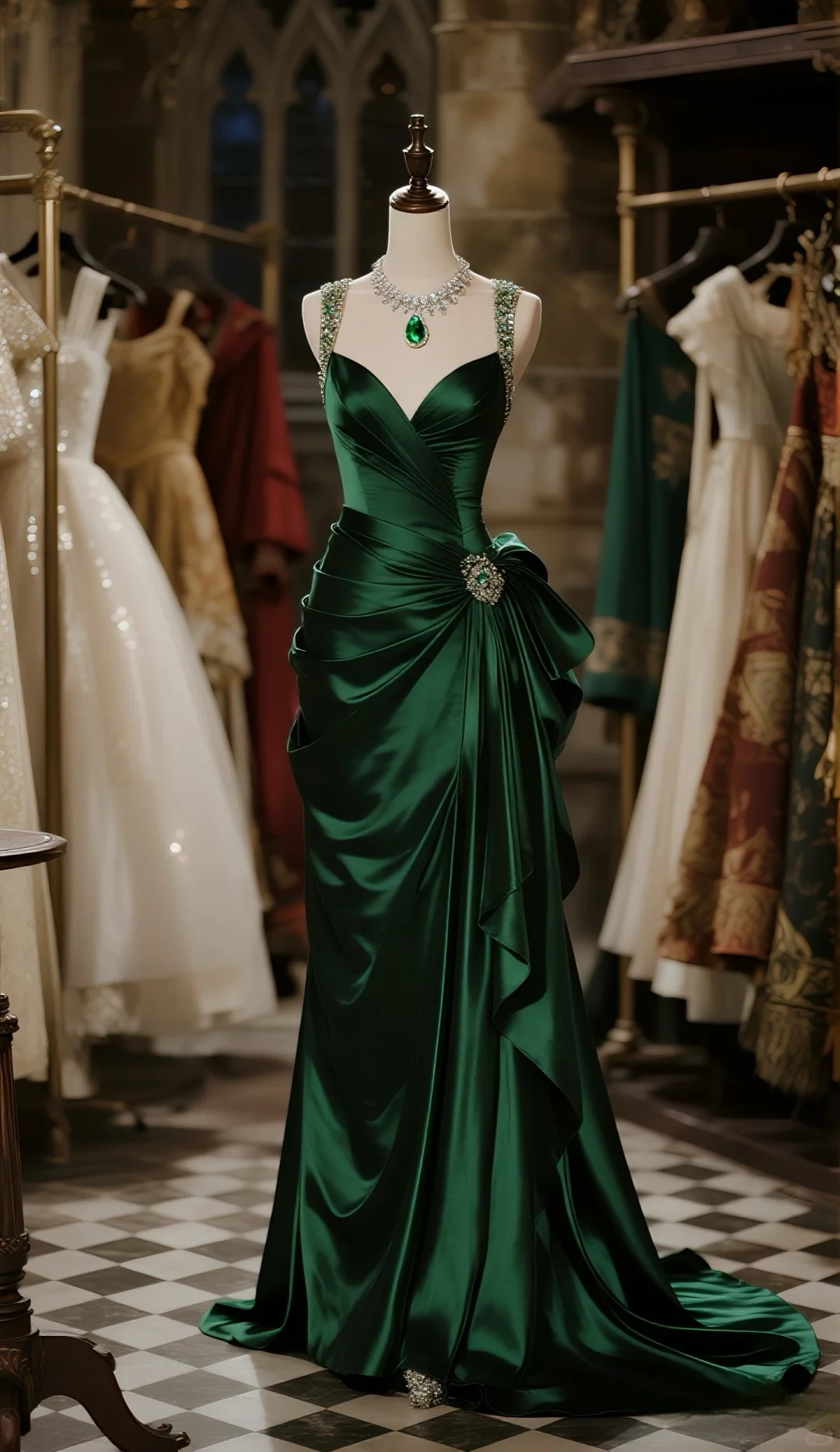 Formal Dark Green Mermaid Beaded Straps Satin Pleated Long Prom Dress, Evening Dress C6101