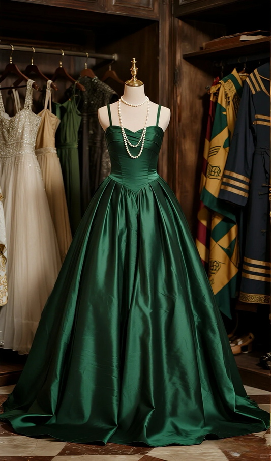 Elegant Ball Gown Dark Green Spaghetti Straps Satin Long Prom Dress, Evening Dress C6103