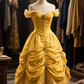 Princess Yellow Ball Gown Off The Shoulder Satin Lace Long Prom Dress, Evening Dress C6106
