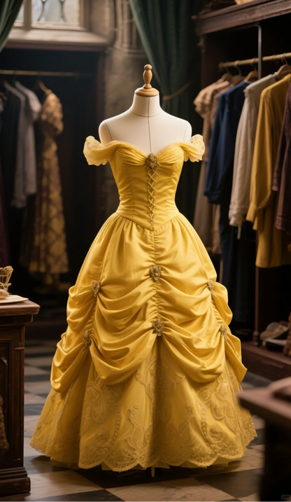 Princess Yellow Ball Gown Off The Shoulder Satin Lace Long Prom Dress, Evening Dress C6106