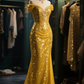 Shiny Sexy Yellow Mermaid Off The Shoulder Sequin Slit Long Prom Dress, Evening Dress C6107