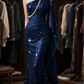 Formal Mermaid Navy Satin Sequin One Shoulder Cape Long Prom Dress, Evening Dress C6109