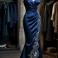 Classy Style Mermaid One Shoulder Navy Satin Ruffle Embroidered Hem Slit Long Prom Dress, Evening Dress C6110