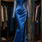 Elegant Style Mermaid Off The Shoulder Satin Tulle Long Sleeves Beaded Slit Long Prom Dress, Evening Dress C6111
