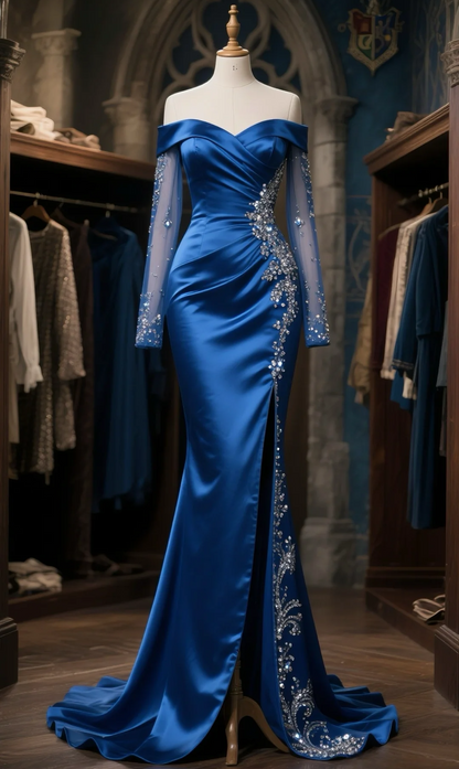 Elegant Style Mermaid Off The Shoulder Satin Tulle Long Sleeves Beaded Slit Long Prom Dress, Evening Dress C6111