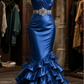 Charming Mermaid Sweetheart Satin Beaded With Tiered Ruffle Hem Long Prom Dress, Evening Dress C6112