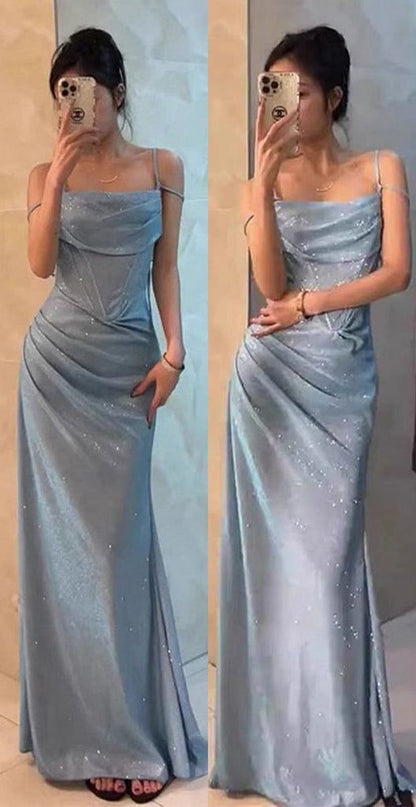 Shiny Mermaid Spaghetti Straps Pleated Satin Sequin Long Prom Dress, Evening Dress C6114