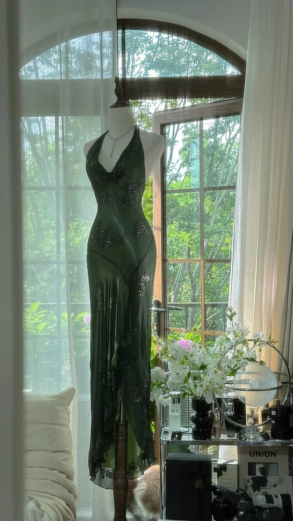 Sexy Mermaid Halter Dark Green Chiffon Sequin Long Prom Dress, Evening Dress C6115