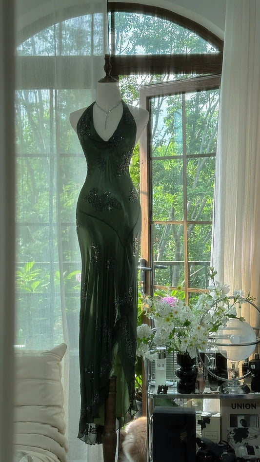Sexy Mermaid Halter Dark Green Chiffon Sequin Long Prom Dress, Evening Dress C6115