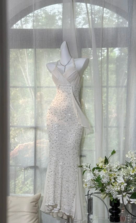 Modest Mermaid Halter Chiffon Sequin Backless Long Prom Dress, Evening Dress C6116