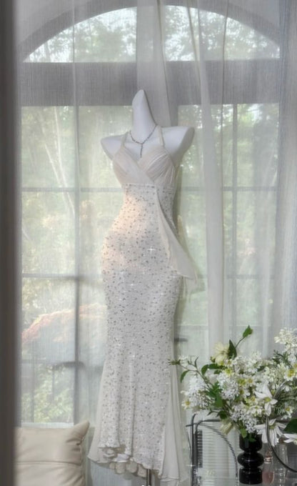 Modest Mermaid Halter Chiffon Sequin Backless Long Prom Dress, Evening Dress C6116