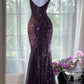 Grape Mermaid Spaghetti Straps Chiffon Sequin Long Prom Dress, Evening Dress C6117